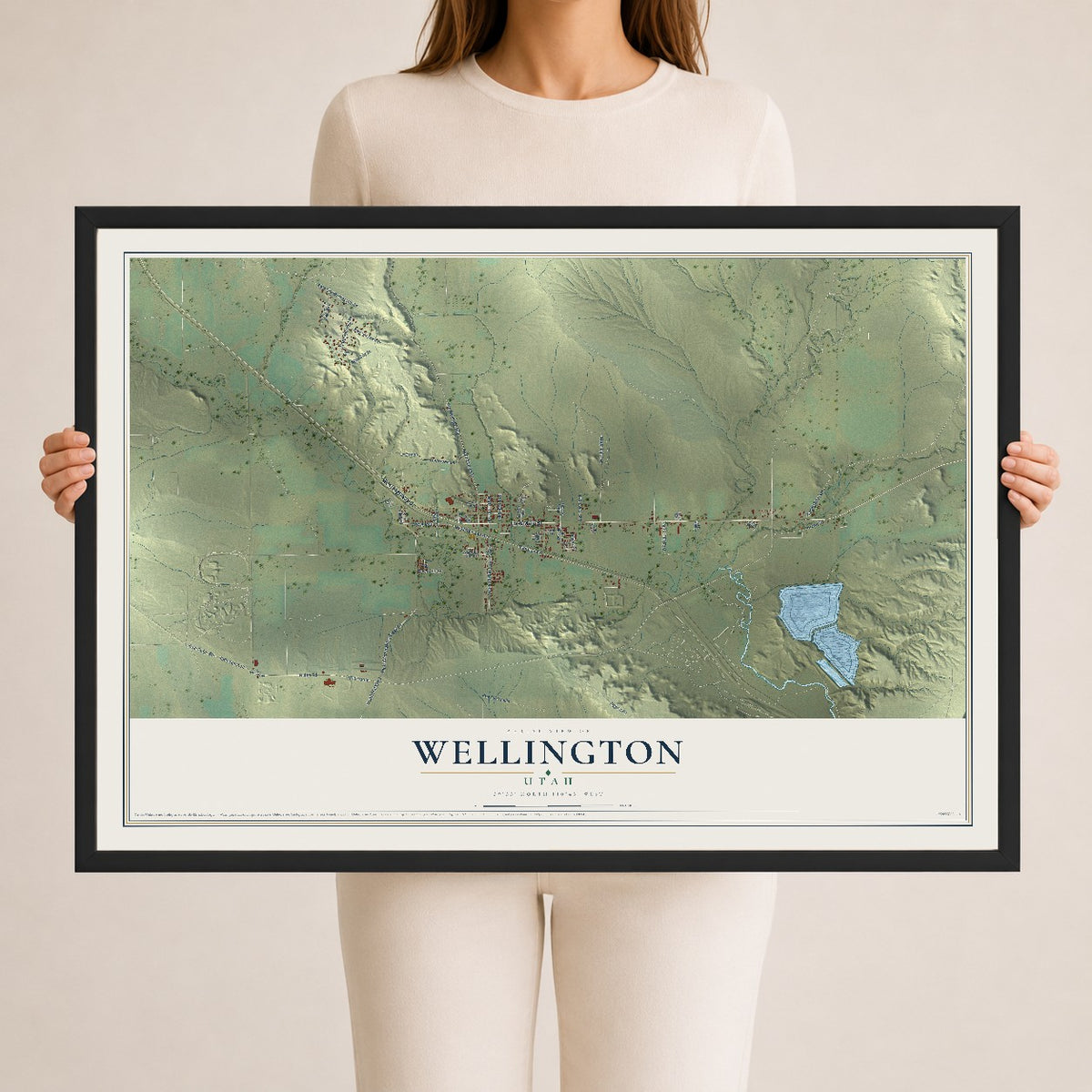 Map of Wellington, Utah, 24 x 36 inch print in a black wood frame