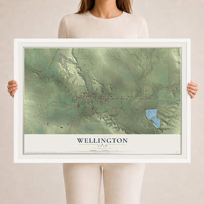 Map of Wellington, Utah, 24 x 36 inch print in a white wood frame