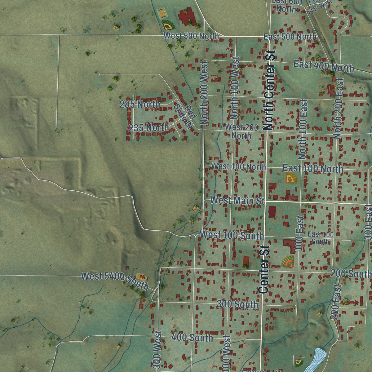 Close-up of the map of Wellsville, Utah print showing street and building detail