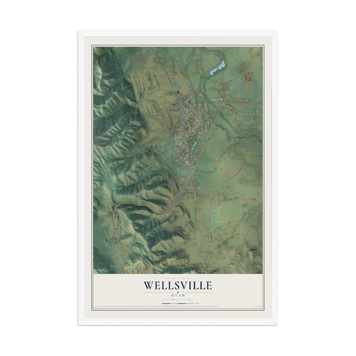 Map of Wellsville, Utah, 12 x 18 inch print in a white wood frame