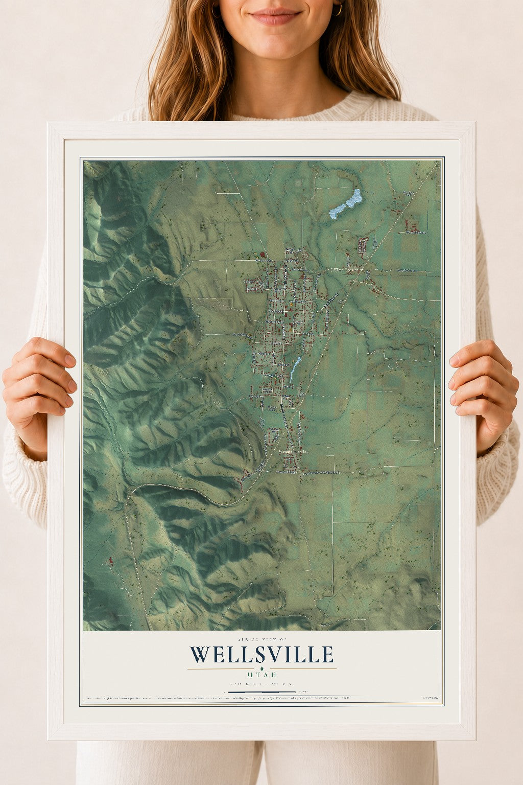Map of Wellsville, Utah, 18 x 24 inch print in a white wood frame
