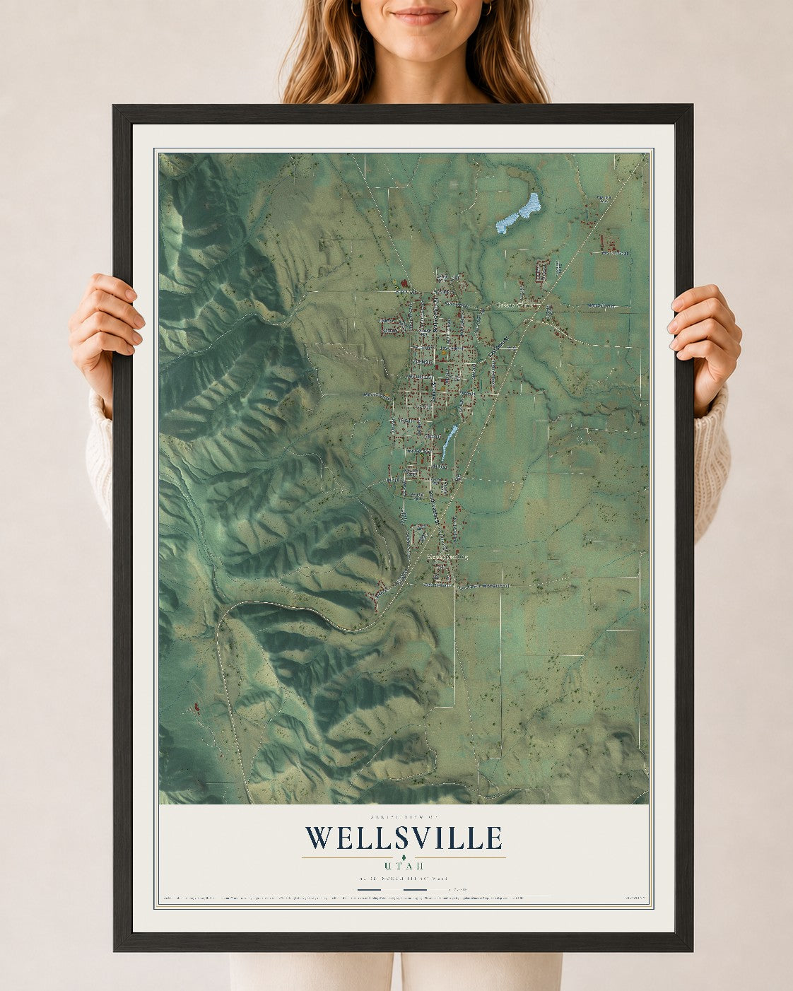 Map of Wellsville, Utah, 24 x 36 inch print in a black wood frame