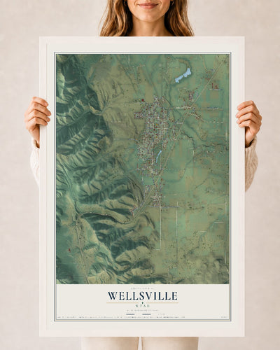 Map of Wellsville, Utah, 24 x 36 inch print in a white wood frame
