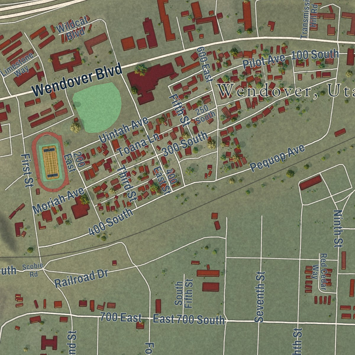Close-up of the map of Wendover, Utah print showing street and building detail