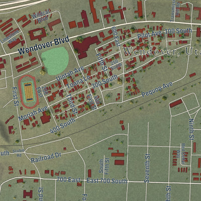 Close-up of the map of Wendover, Utah print showing street and building detail
