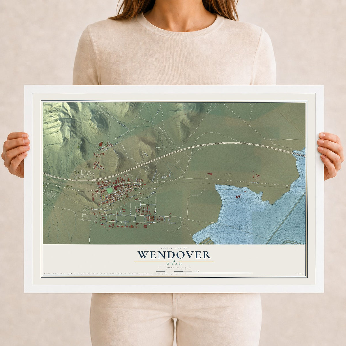 Map of Wendover, Utah, 12 x 18 inch print in a white wood frame