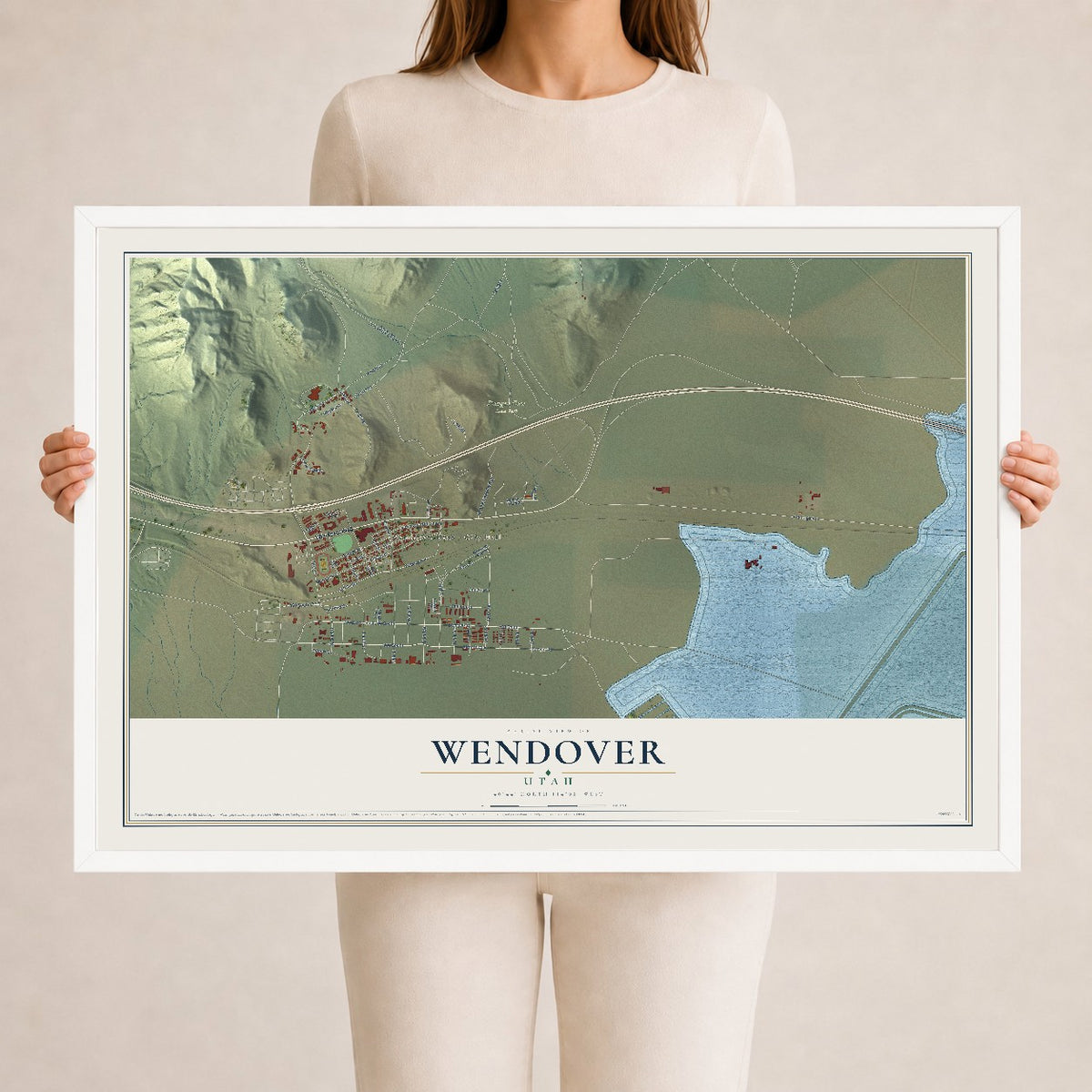 Map of Wendover, Utah, 24 x 36 inch print in a white wood frame