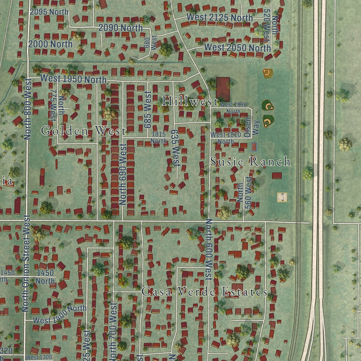 Close-up of the map of West Bountiful, Utah print showing street and building detail