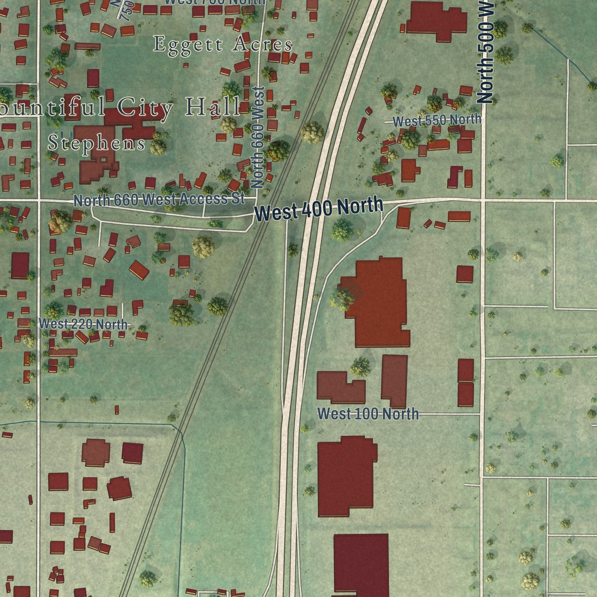 Second close-up of the map of West Bountiful, Utah print showing more streets and buildings