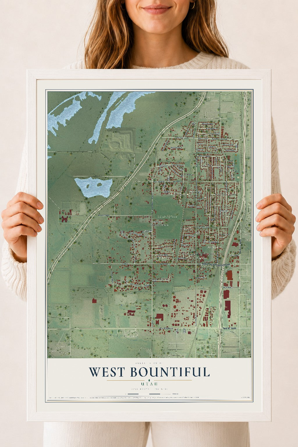 Map of West Bountiful, Utah, 18 x 24 inch print in a white wood frame