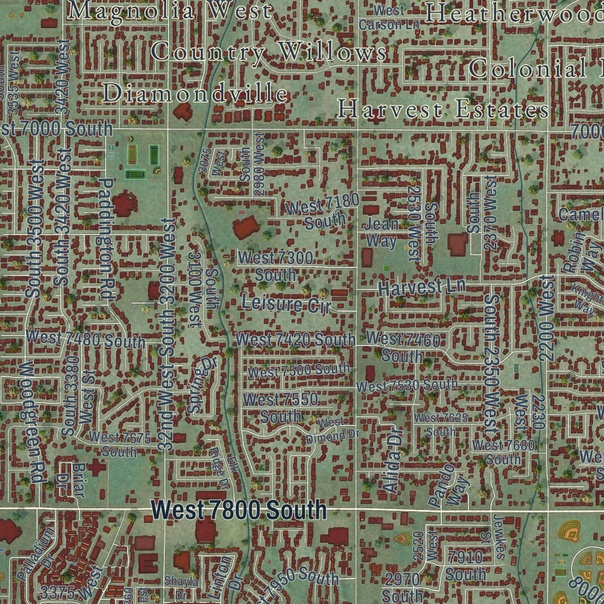 Close-up of the map of West Jordan, Utah print showing street and building detail
