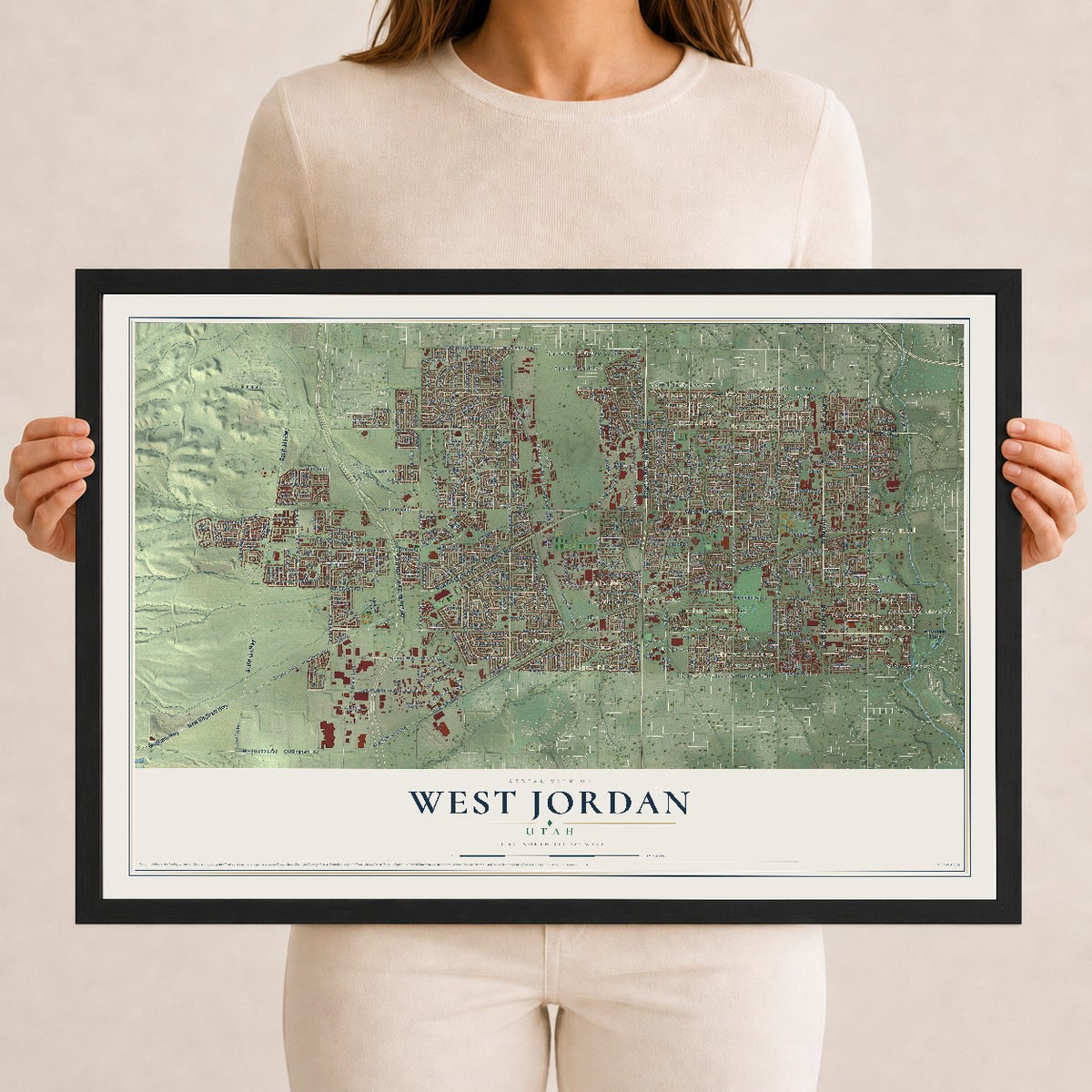 Map of West Jordan, Utah, 12 x 18 inch print in a black wood frame