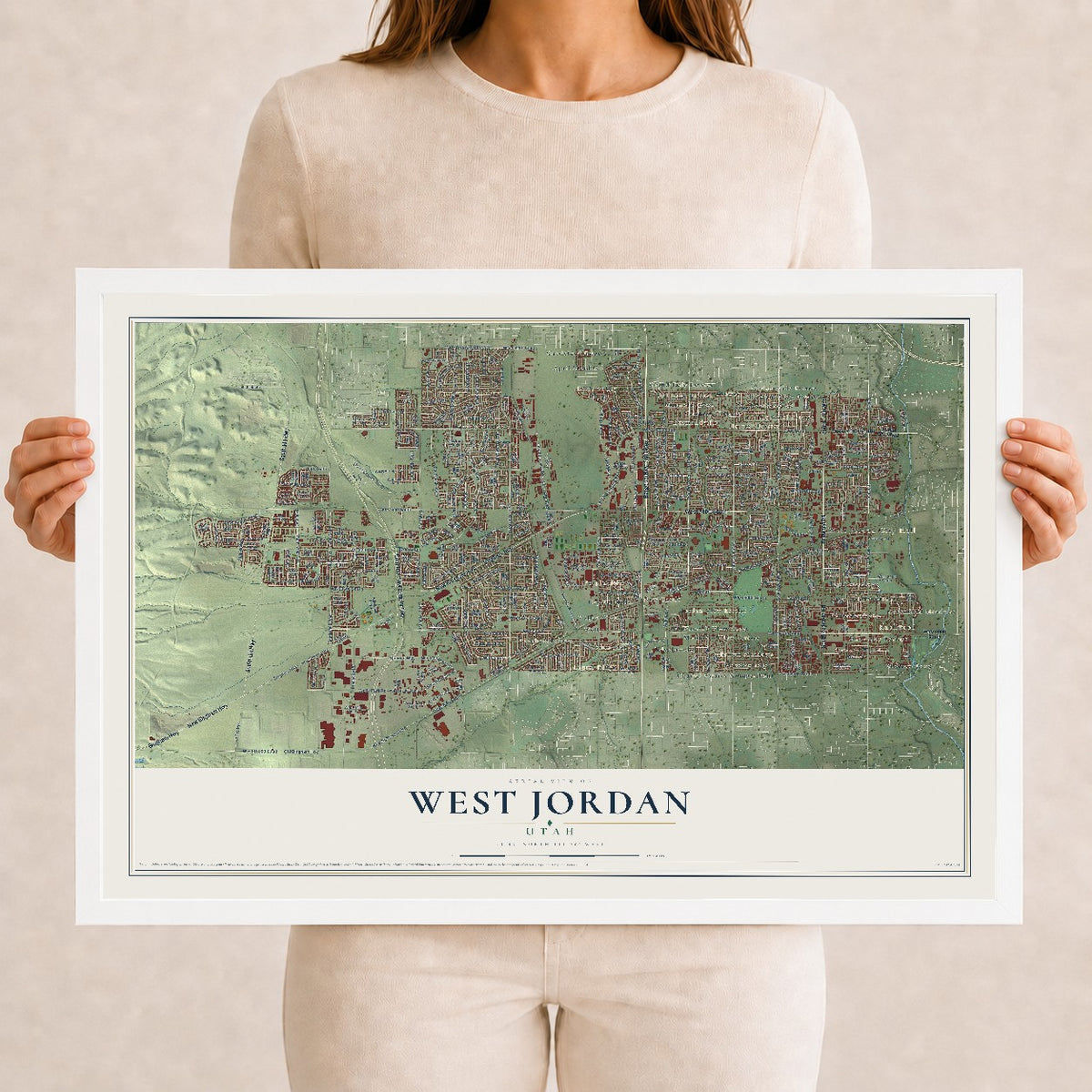 Map of West Jordan, Utah, 12 x 18 inch print in a white wood frame