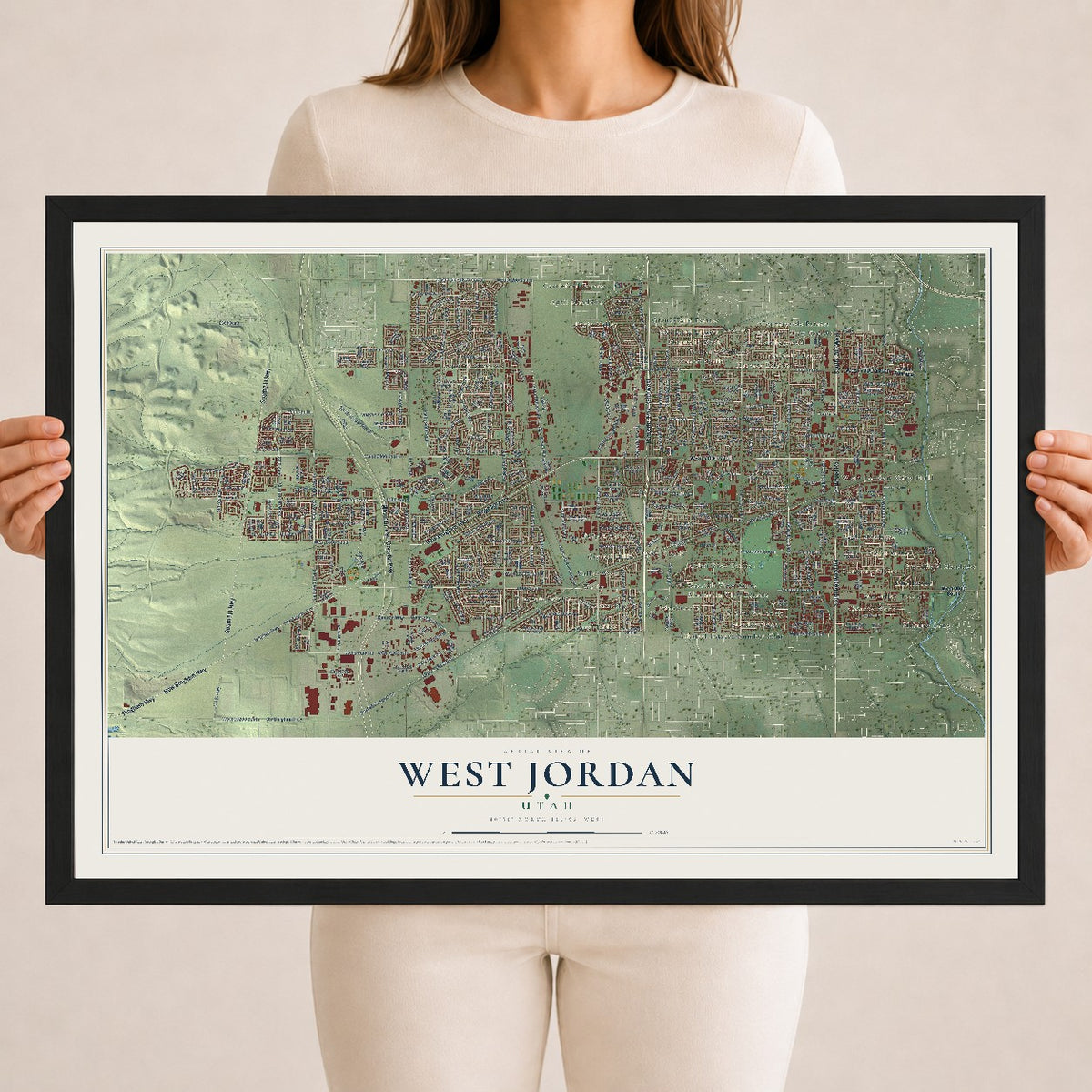 Map of West Jordan, Utah, 18 x 24 inch print in a black wood frame