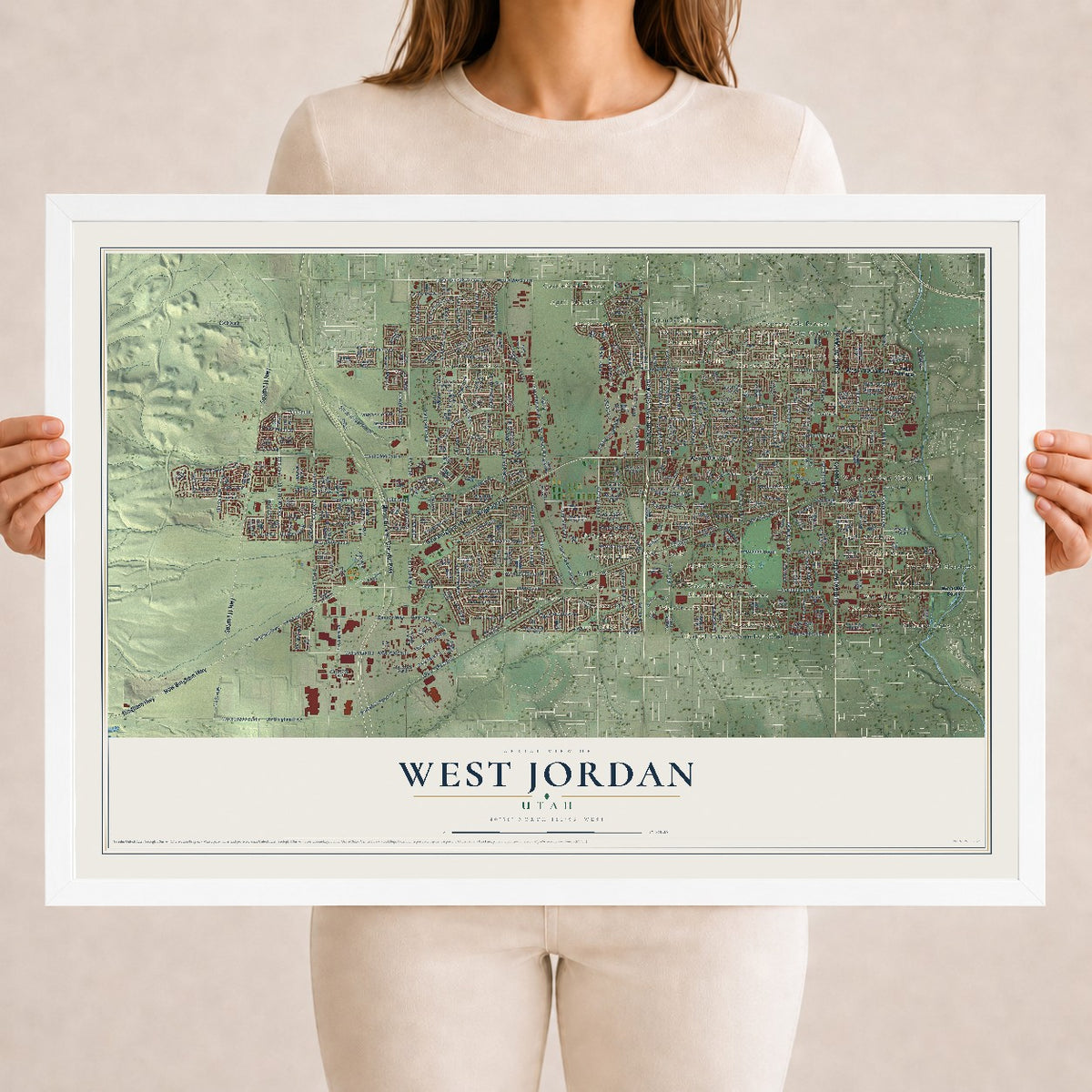 Map of West Jordan, Utah, 18 x 24 inch print in a white wood frame