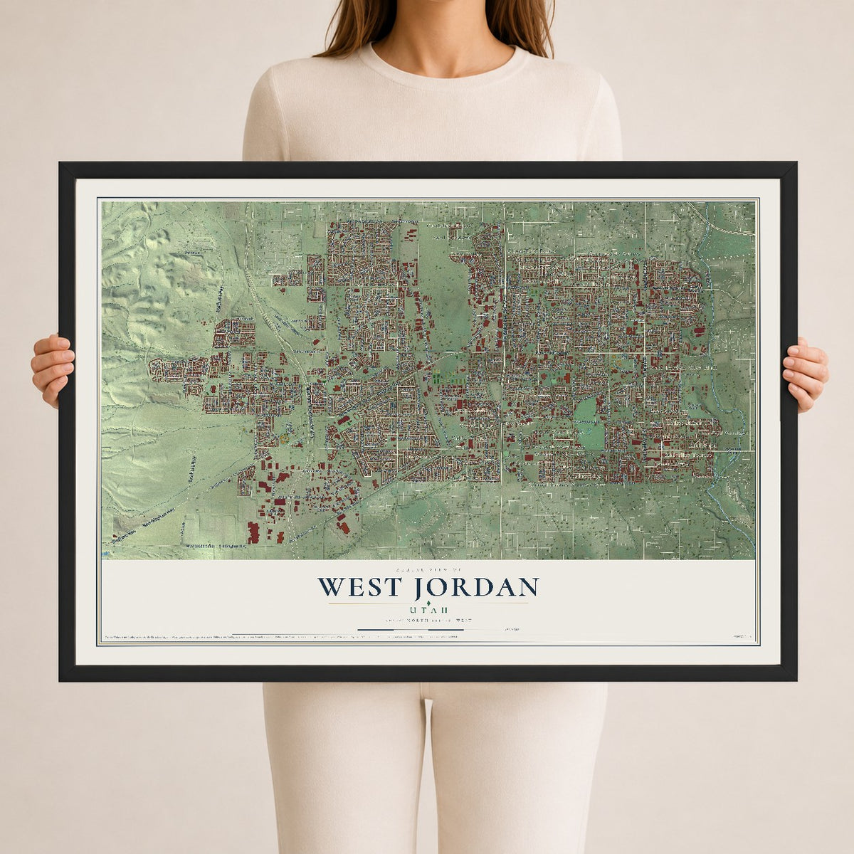 Map of West Jordan, Utah, 24 x 36 inch print in a black wood frame