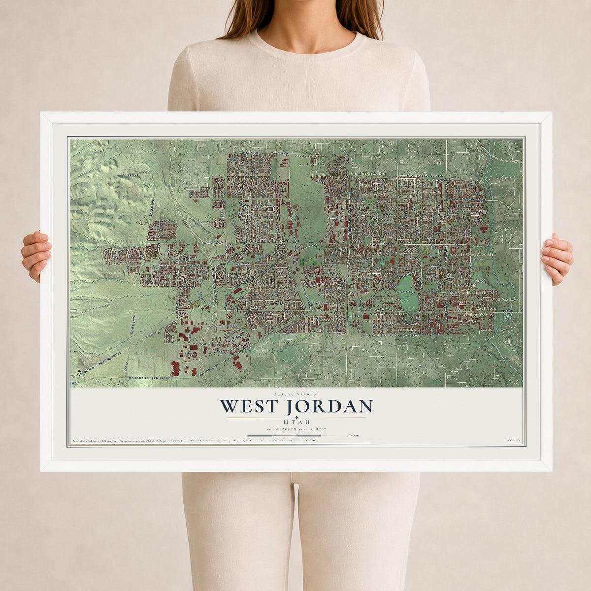 Map of West Jordan, Utah, 24 x 36 inch print in a white wood frame