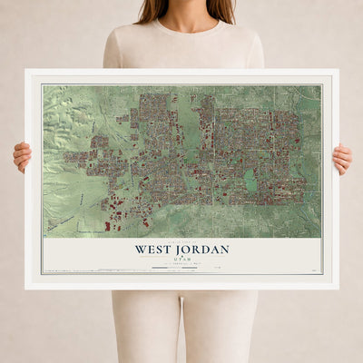 Map of West Jordan, Utah, 24 x 36 inch print in a white wood frame