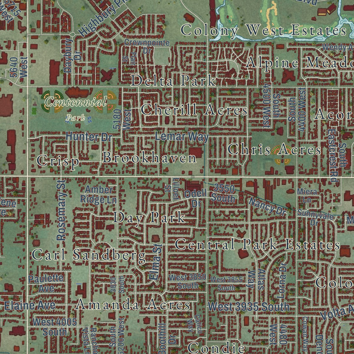 Close-up of the map of West Valley City, Utah print showing street and building detail