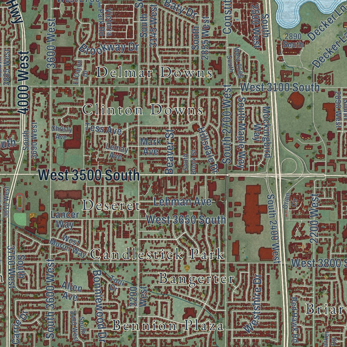 Second close-up of the map of West Valley City, Utah print showing more streets and buildings