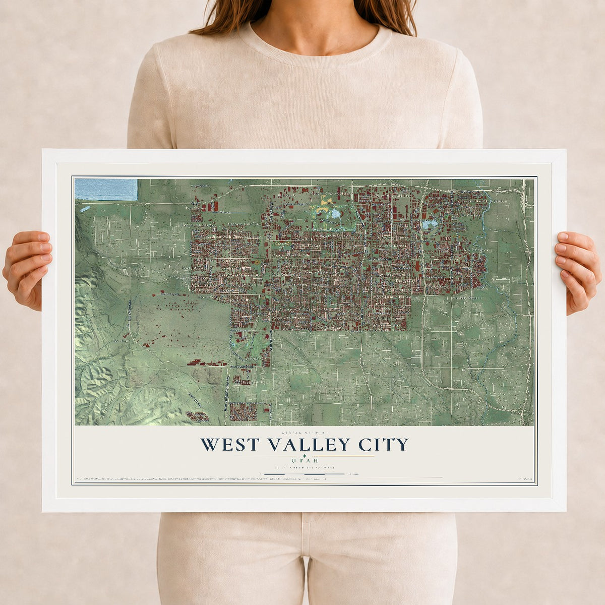 Map of West Valley City, Utah, 12 x 18 inch print in a white wood frame