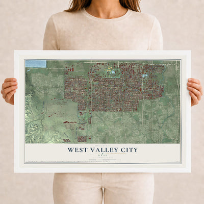Map of West Valley City, Utah, 12 x 18 inch print in a white wood frame