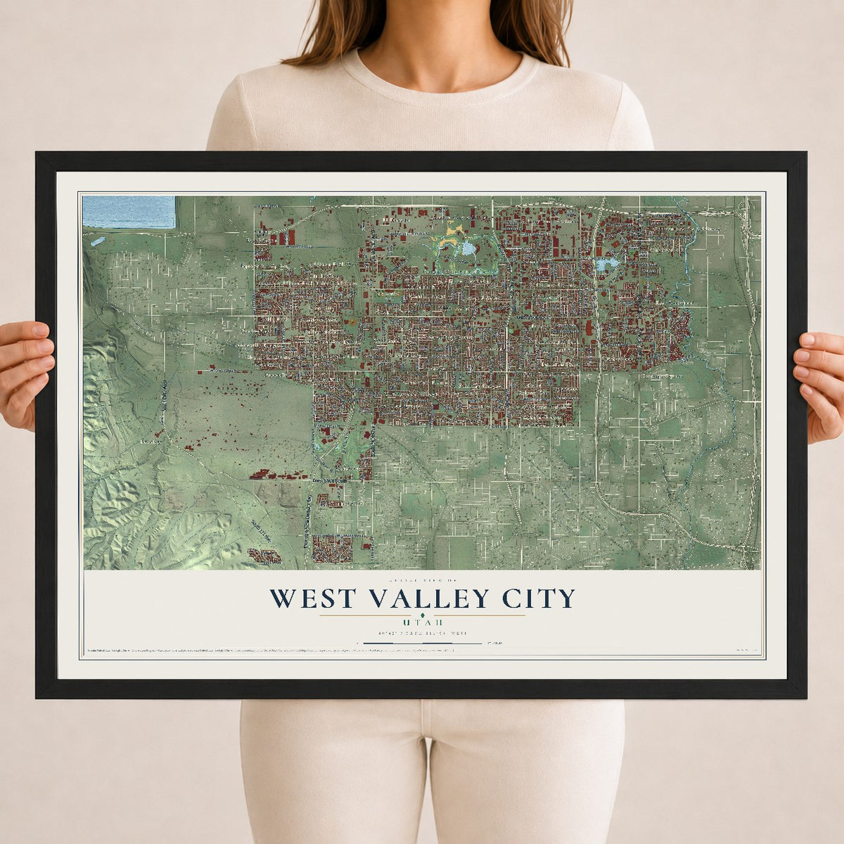 Map of West Valley City, Utah, 18 x 24 inch print in a black wood frame