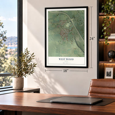 West Wood, Utah map, 18 x 24 inch print in a black frame in a home office