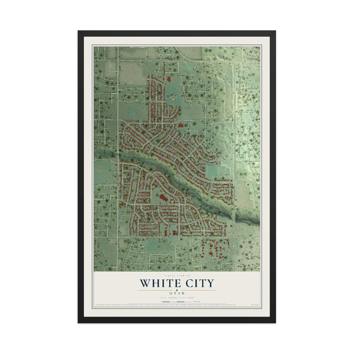Map of White City, Utah, 12 x 18 inch print in a black wood frame