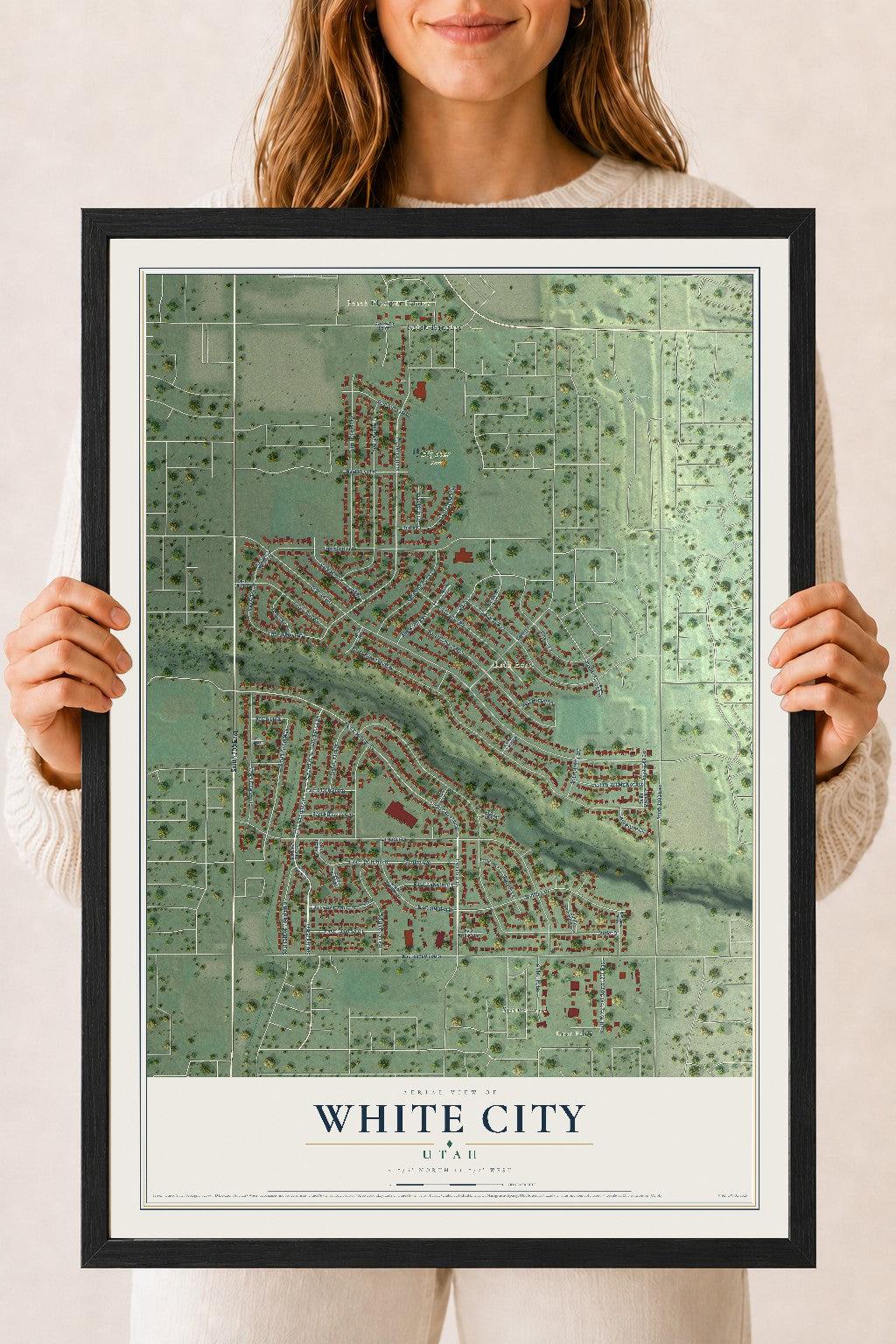 Map of White City, Utah, 18 x 24 inch print in a black wood frame