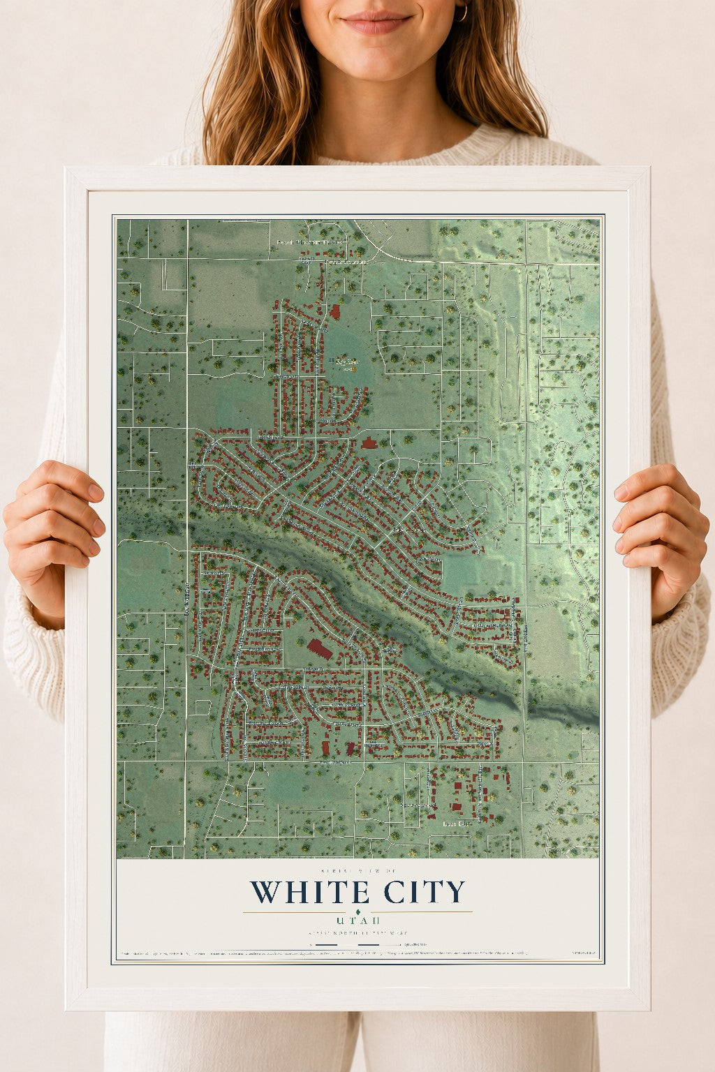 Map of White City, Utah, 18 x 24 inch print in a white wood frame