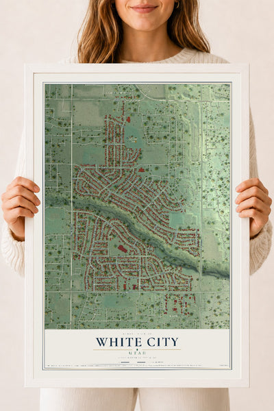 Map of White City, Utah, 18 x 24 inch print in a white wood frame