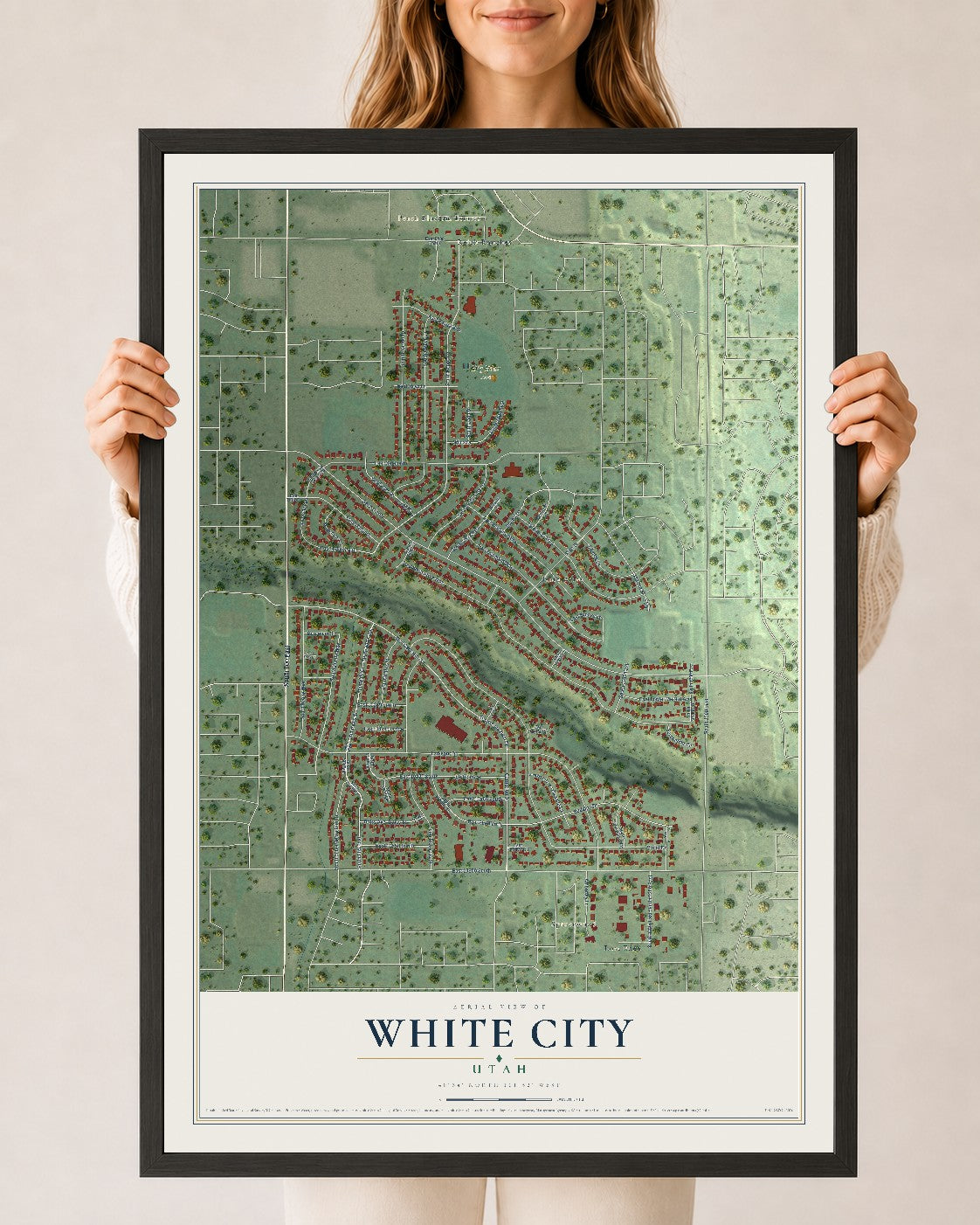 Map of White City, Utah, 24 x 36 inch print in a black wood frame