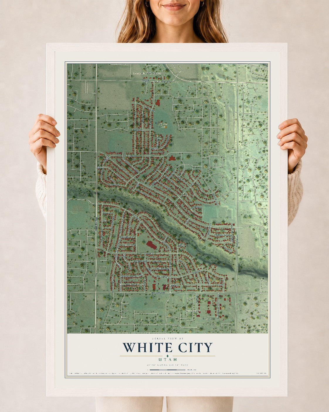 Map of White City, Utah, 24 x 36 inch print in a white wood frame