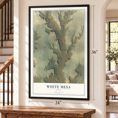 White Mesa, Utah map, 24 x 36 inch print in a black frame by a staircase