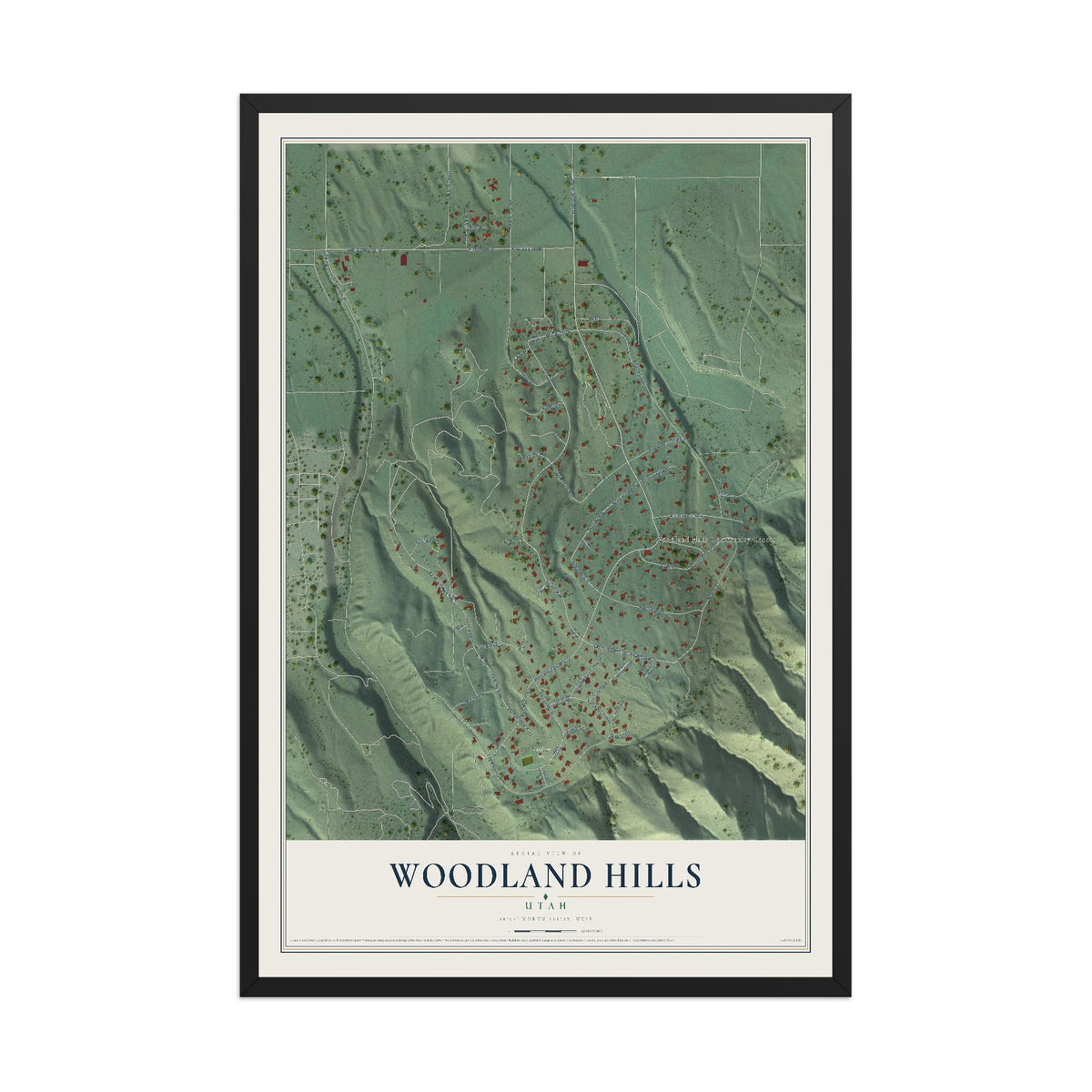 Map of Woodland Hills, Utah, 12 x 18 inch print in a black wood frame