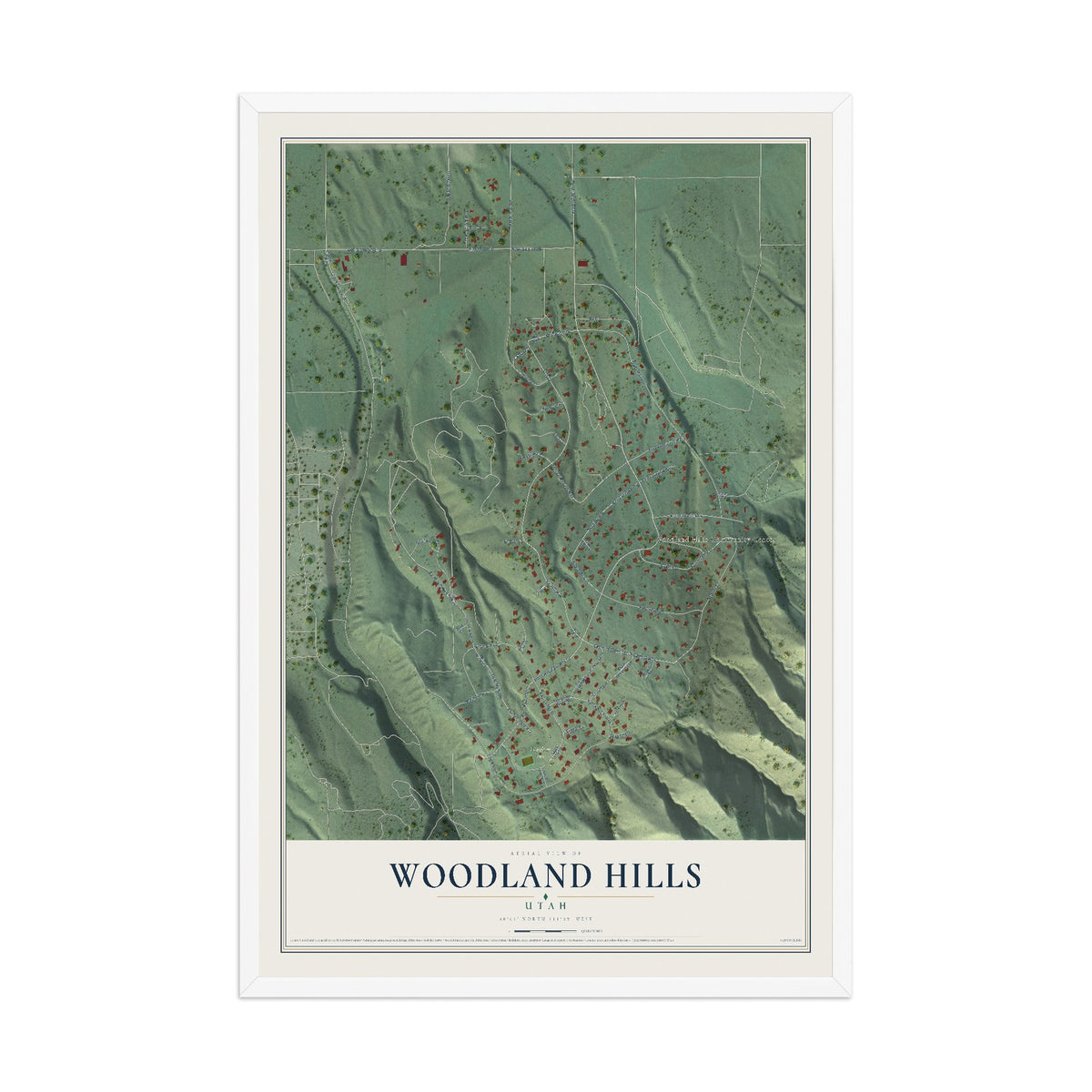 Map of Woodland Hills, Utah, 12 x 18 inch print in a white wood frame