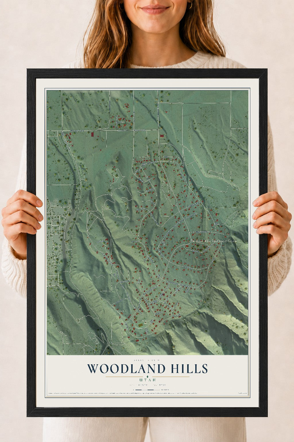 Map of Woodland Hills, Utah, 18 x 24 inch print in a black wood frame