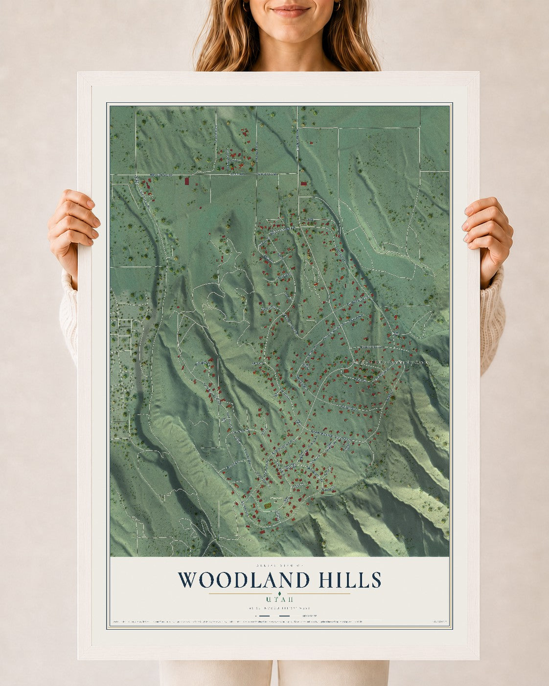 Map of Woodland Hills, Utah, 24 x 36 inch print in a white wood frame