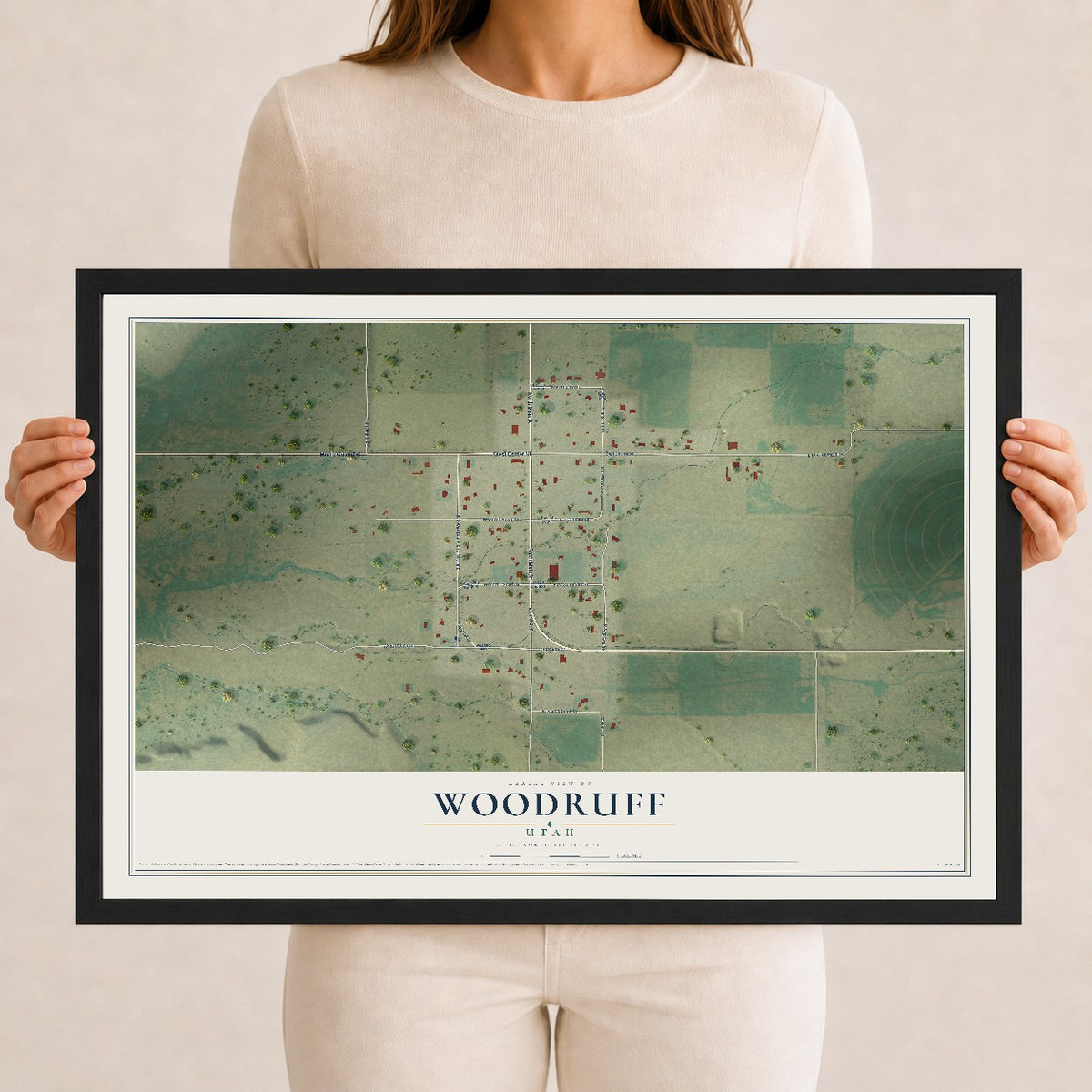 Map of Woodruff, Utah, 12 x 18 inch print in a black wood frame