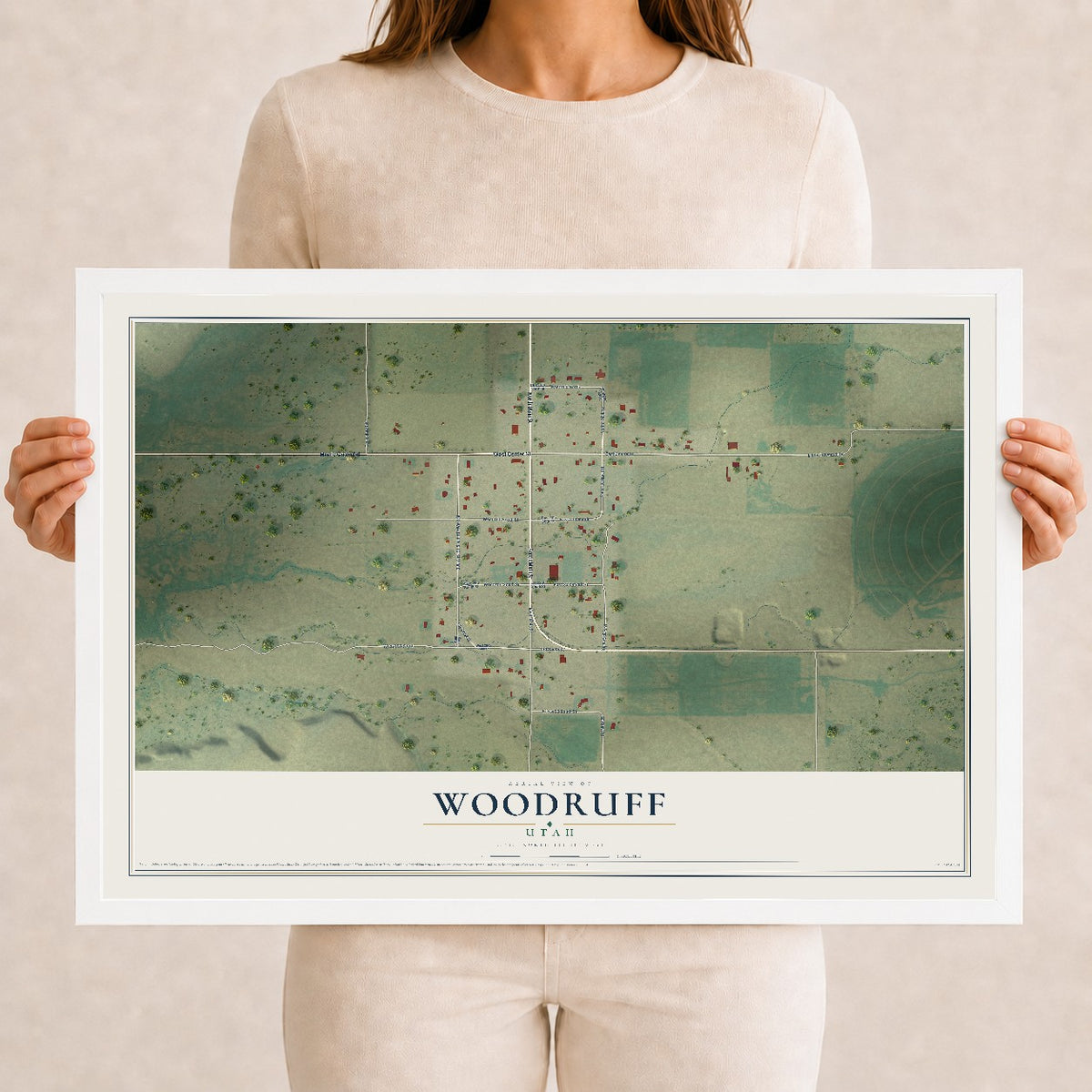 Map of Woodruff, Utah, 12 x 18 inch print in a white wood frame