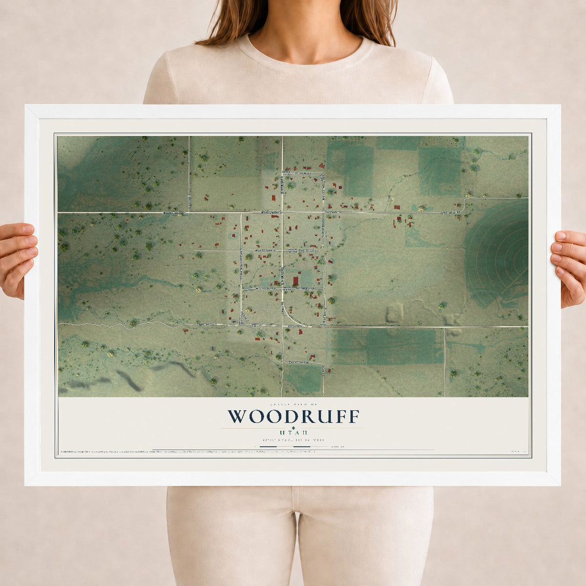 Map of Woodruff, Utah, 18 x 24 inch print in a white wood frame