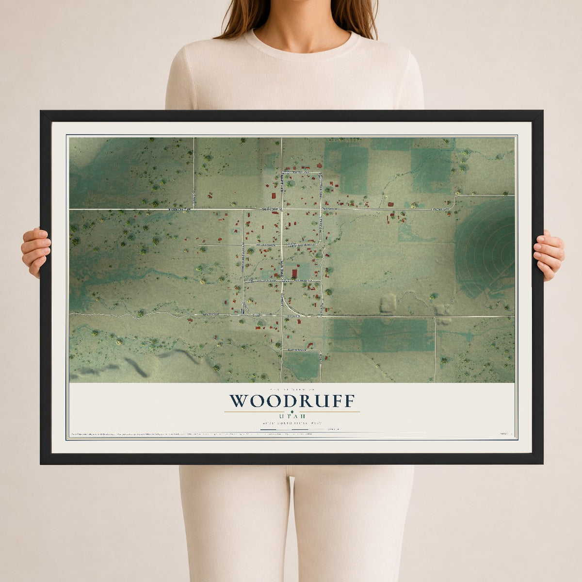 Map of Woodruff, Utah, 24 x 36 inch print in a black wood frame