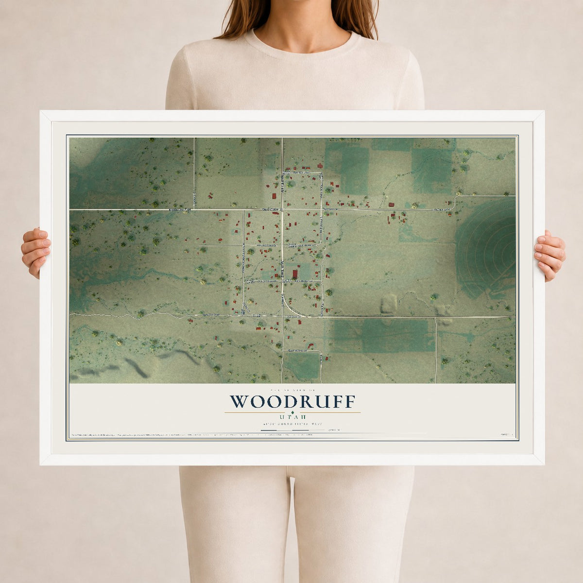 Map of Woodruff, Utah, 24 x 36 inch print in a white wood frame