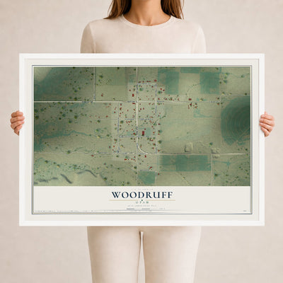 Map of Woodruff, Utah, 24 x 36 inch print in a white wood frame