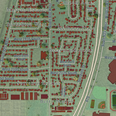 Close-up of the map of Woods Cross, Utah print showing street and building detail