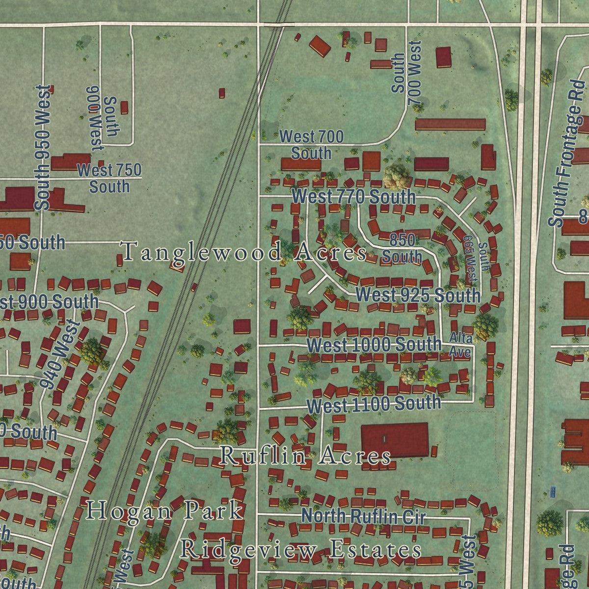 Second close-up of the map of Woods Cross, Utah print showing more streets and buildings