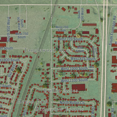 Second close-up of the map of Woods Cross, Utah print showing more streets and buildings