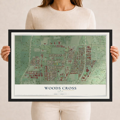 Map of Woods Cross, Utah, 12 x 18 inch print in a black wood frame