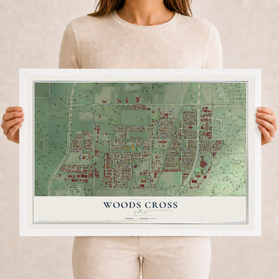 Map of Woods Cross, Utah, 12 x 18 inch print in a white wood frame